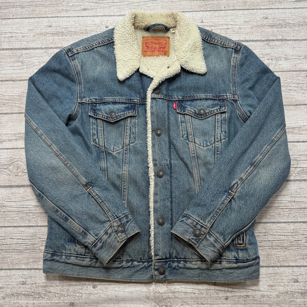 Levi's Sherpa Trucker Jacket Men's Medium Blue Denim Sherpa Lined Type 3 Coat